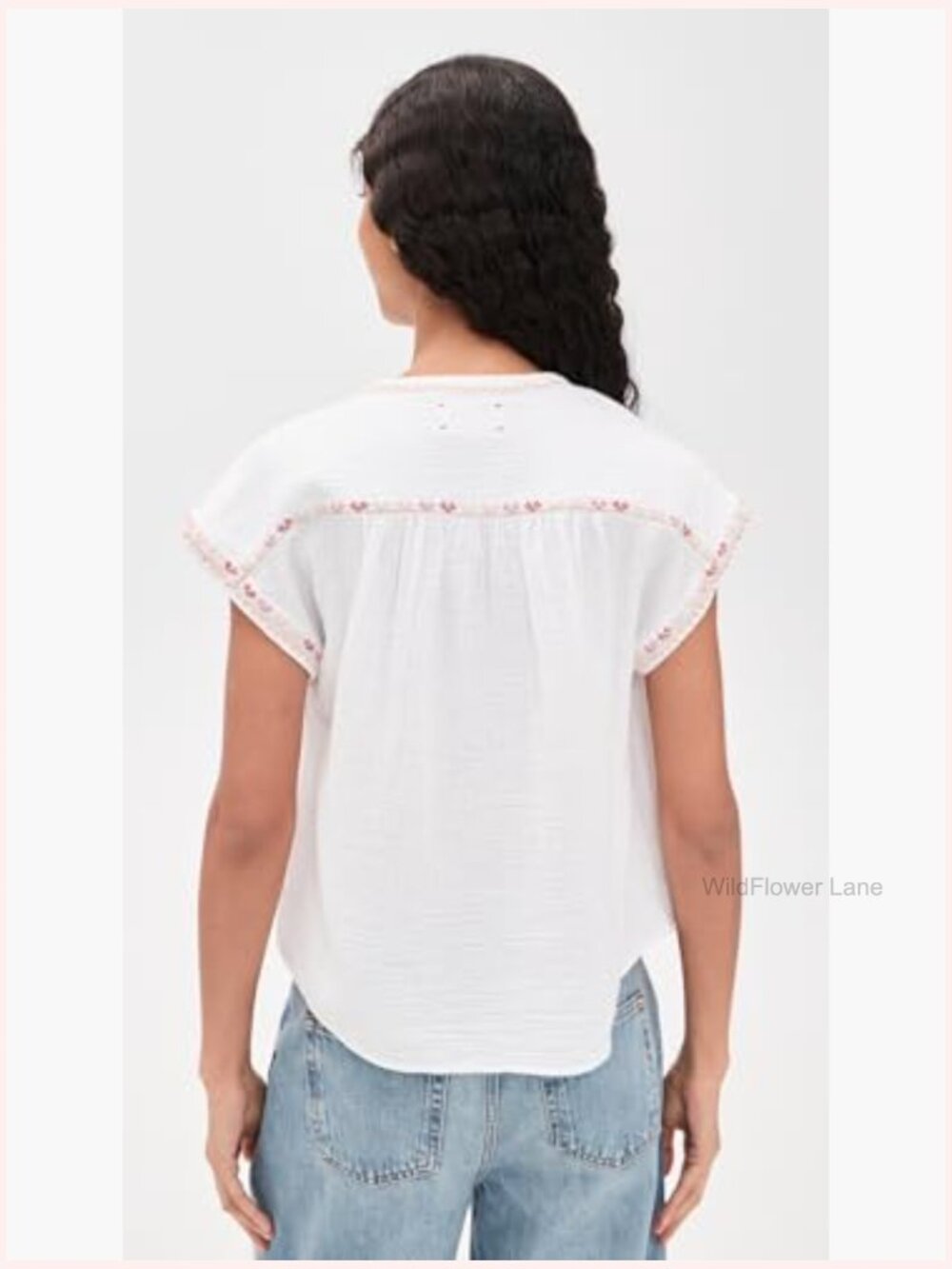 Short Cap Sleeve V-Neck Blouse - Lightweight Gauze - Picture 3 of 6